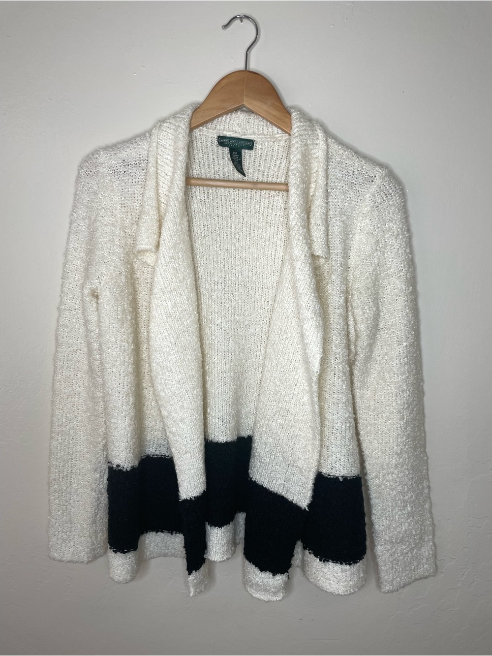 Ralph Lauren Ivory Bouclé Open-Front Cardigan with Black Hem